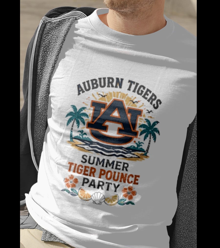 Auburn Tigers Summer Tiger Pounce Party Tropical Beach Scene T-Shirt