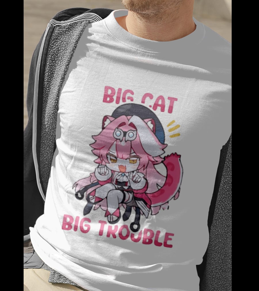 Big Cat Big Trouble Chibi Character With Pink Hair And Tail T-Shirt