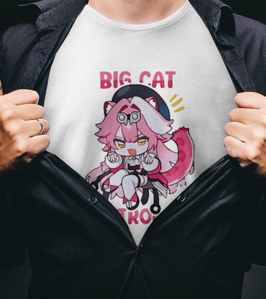Big Cat Big Trouble Chibi Character With Pink Hair And Tail T-Shirt