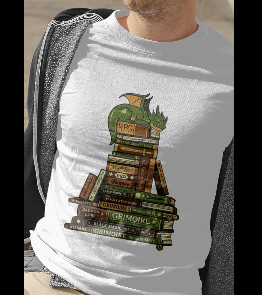 Dragon Resting On RPG Fantasy Grimoire Magic Books Stack T-Shirt