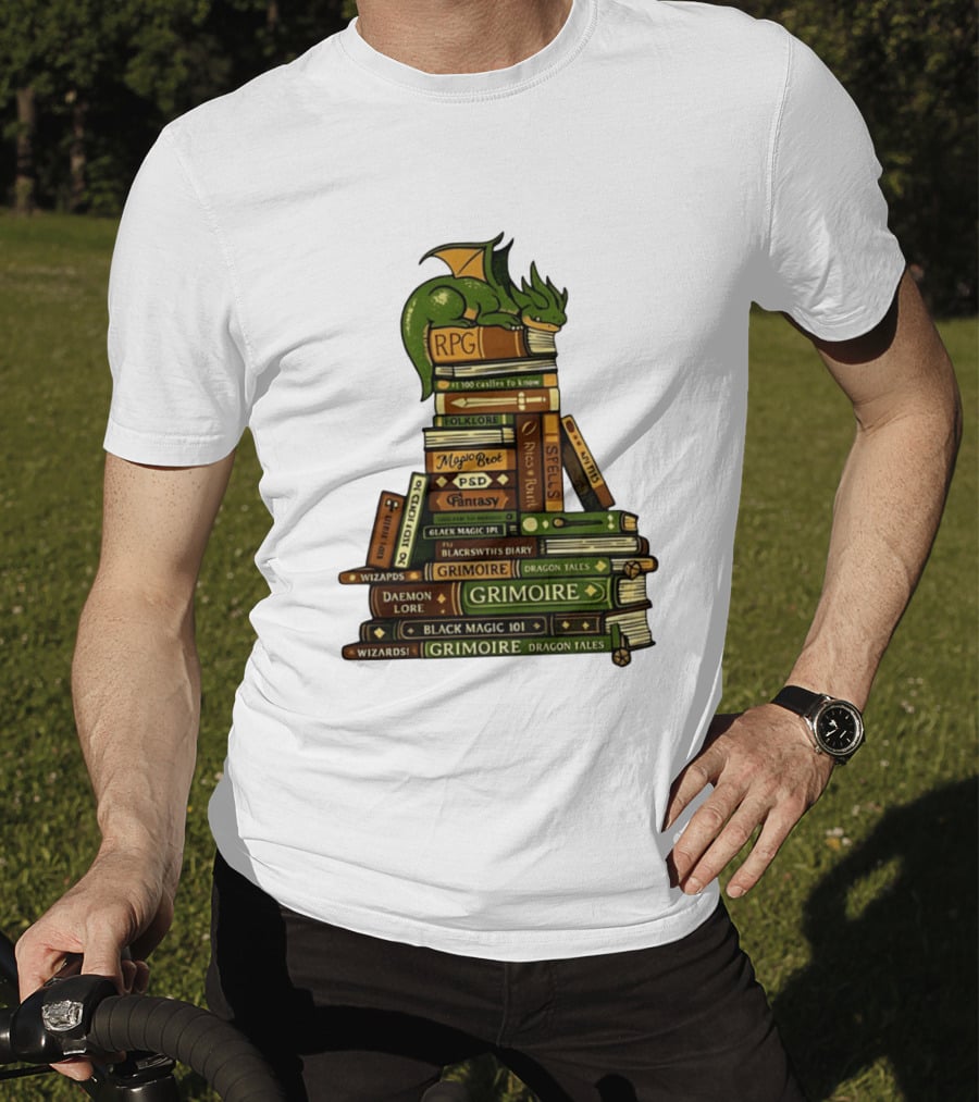 Dragon Resting On RPG Fantasy Grimoire Magic Books Stack T-Shirt