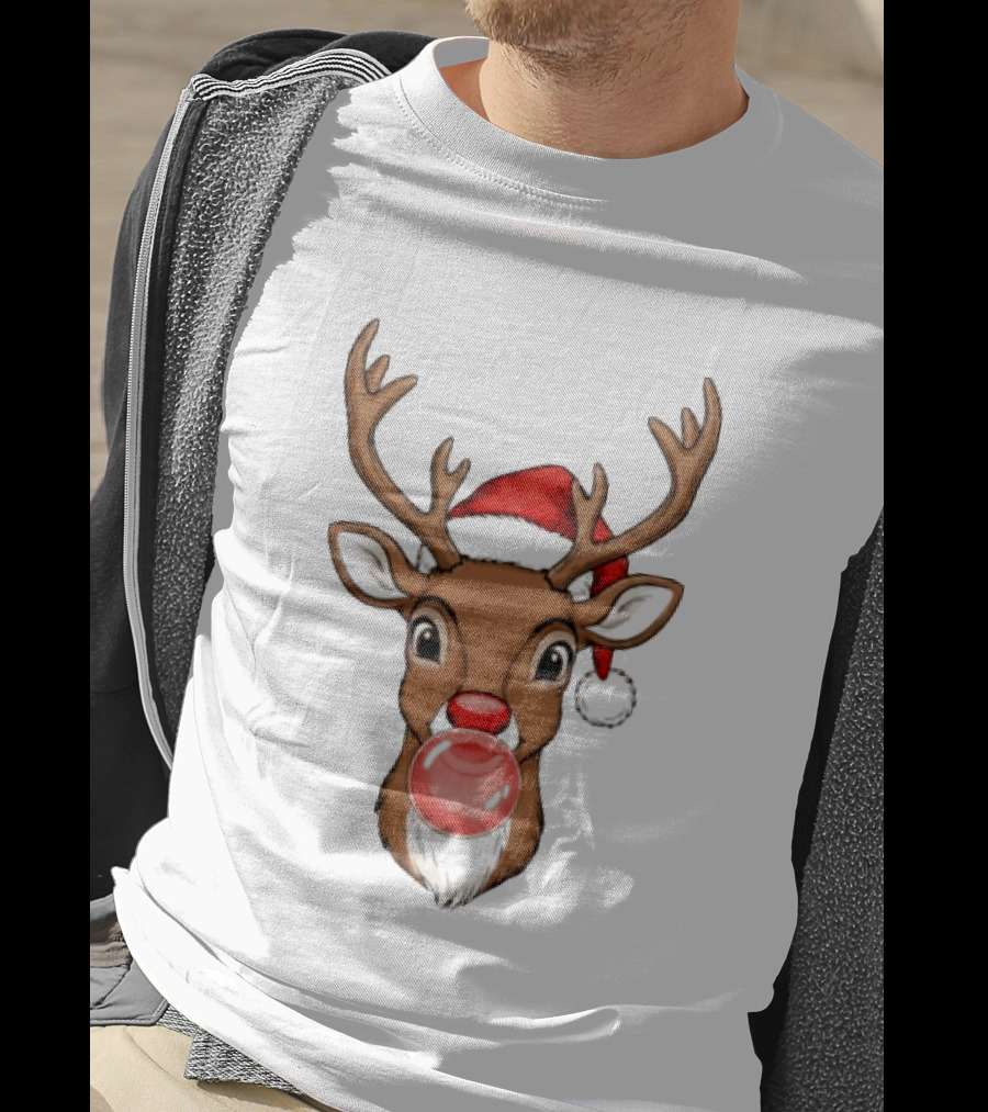 Merry Christmas Reindeer Santa Hat Bubble Gum Red Nose T-Shirt