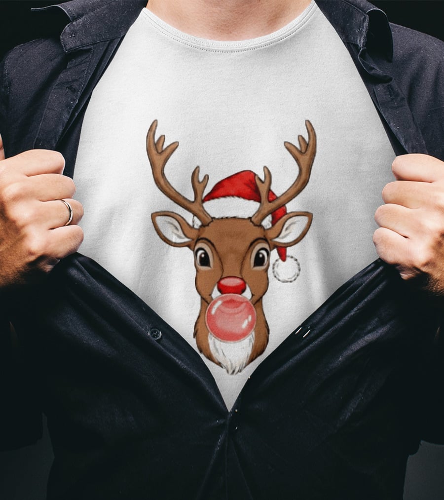 Merry Christmas Reindeer Santa Hat Bubble Gum Red Nose T-Shirt