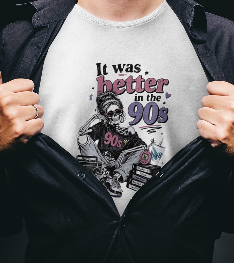 It Was Better In The 90s Skeleton Nostalgia Vibes Cassette Tapes And Books T-Shirt