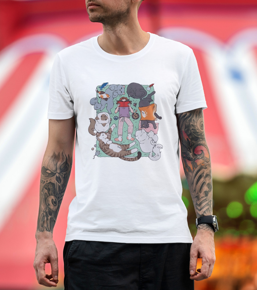 Girl Reading A Book With Cats Around Her Cat Lover T-Shirt