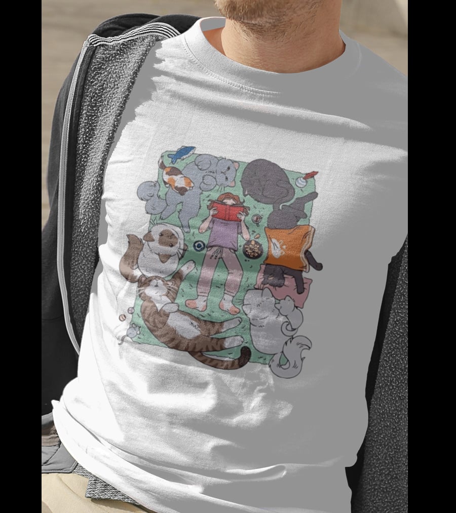 Girl Reading A Book With Cats Around Her Cat Lover T-Shirt