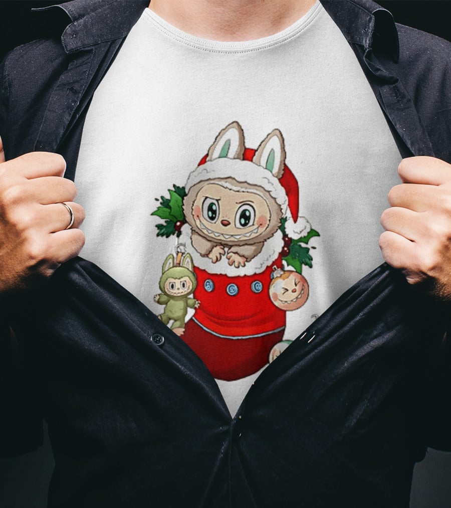 Stocking Stuffer Labubu Christmas Santa Hat Holly Ornaments T-Shirt