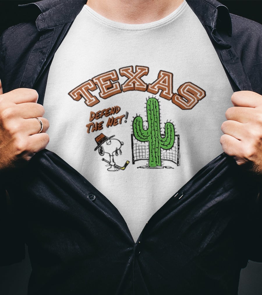 Texas Peanuts Snoopy Defend The Net Hockey Cactus T-Shirt