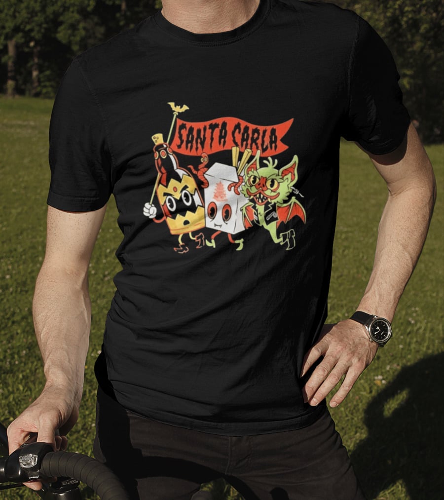 Santa Carla Cartoon Vampire Characters And Food Box With Flag T-Shirt