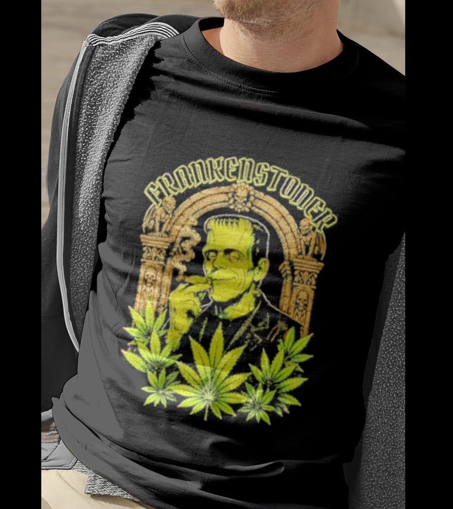 Frankenstoner Frankenstein Marijuana Smoking Arch Skulls T-Shirt