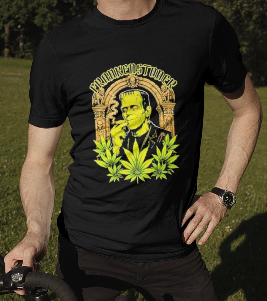 Frankenstoner Frankenstein Marijuana Smoking Arch Skulls T-Shirt