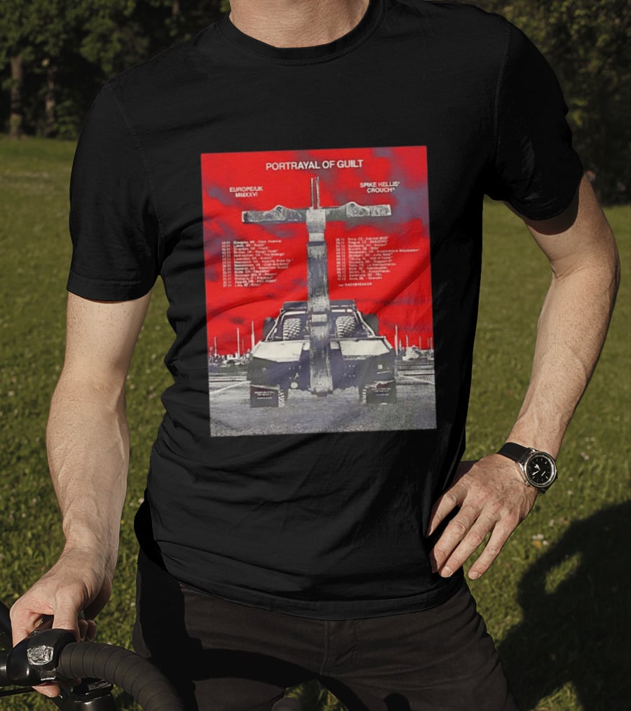 Portrayal Of Guilt Europe UK MMXXVI Spike Hellis Crouch Oathbreaker Tour Dates Tire Tracks Industrial Red T-Shirt