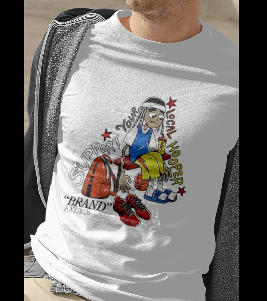 Support Your Local Hooper Cartoon Basketball Player Backpack Red Shoes Brand Est 2026 T-Shirt