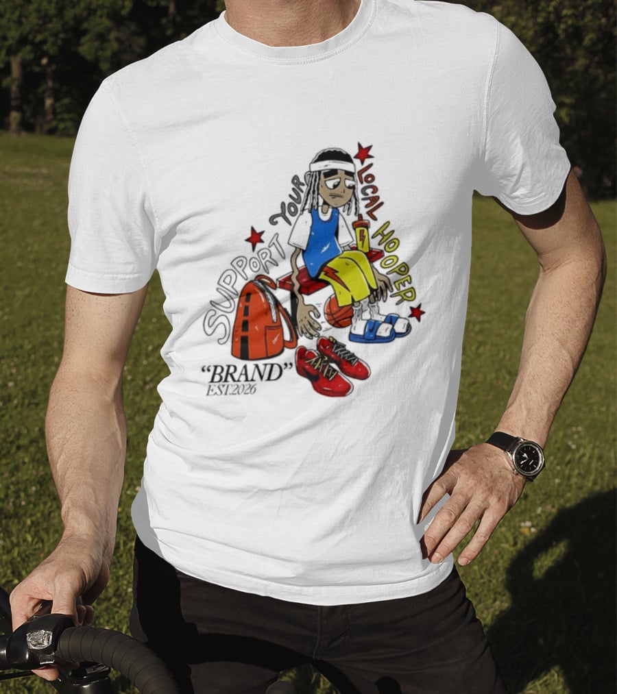 Support Your Local Hooper Cartoon Basketball Player Backpack Red Shoes Brand Est 2026 T-Shirt