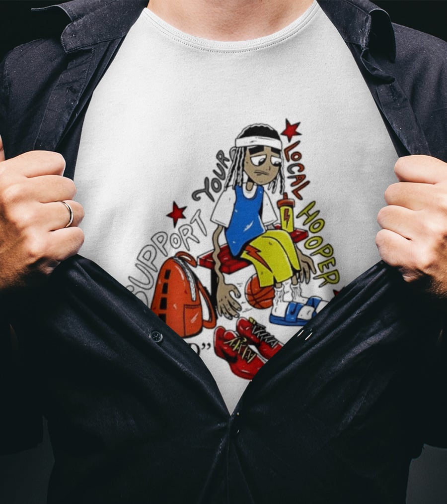 Support Your Local Hooper Cartoon Basketball Player Backpack Red Shoes Brand Est 2026 T-Shirt