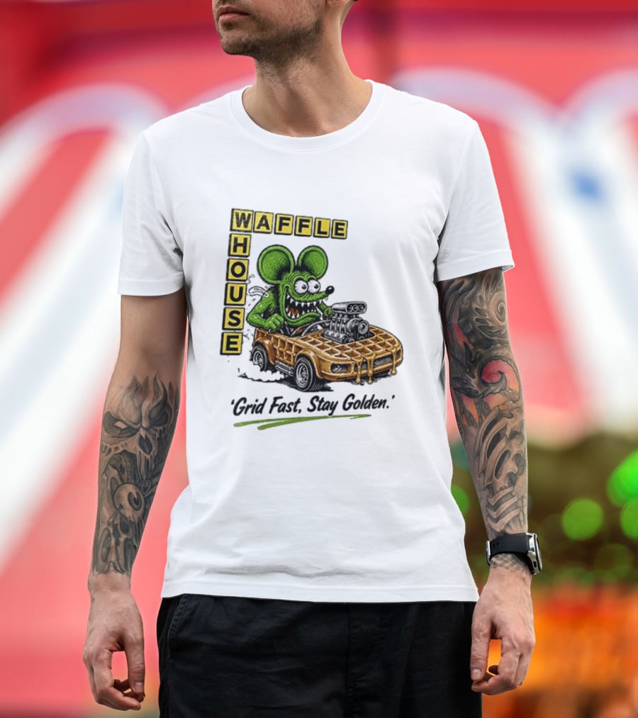 Rat Fink Waffle House Grid Fast Stay Golden Car Racer T-Shirt