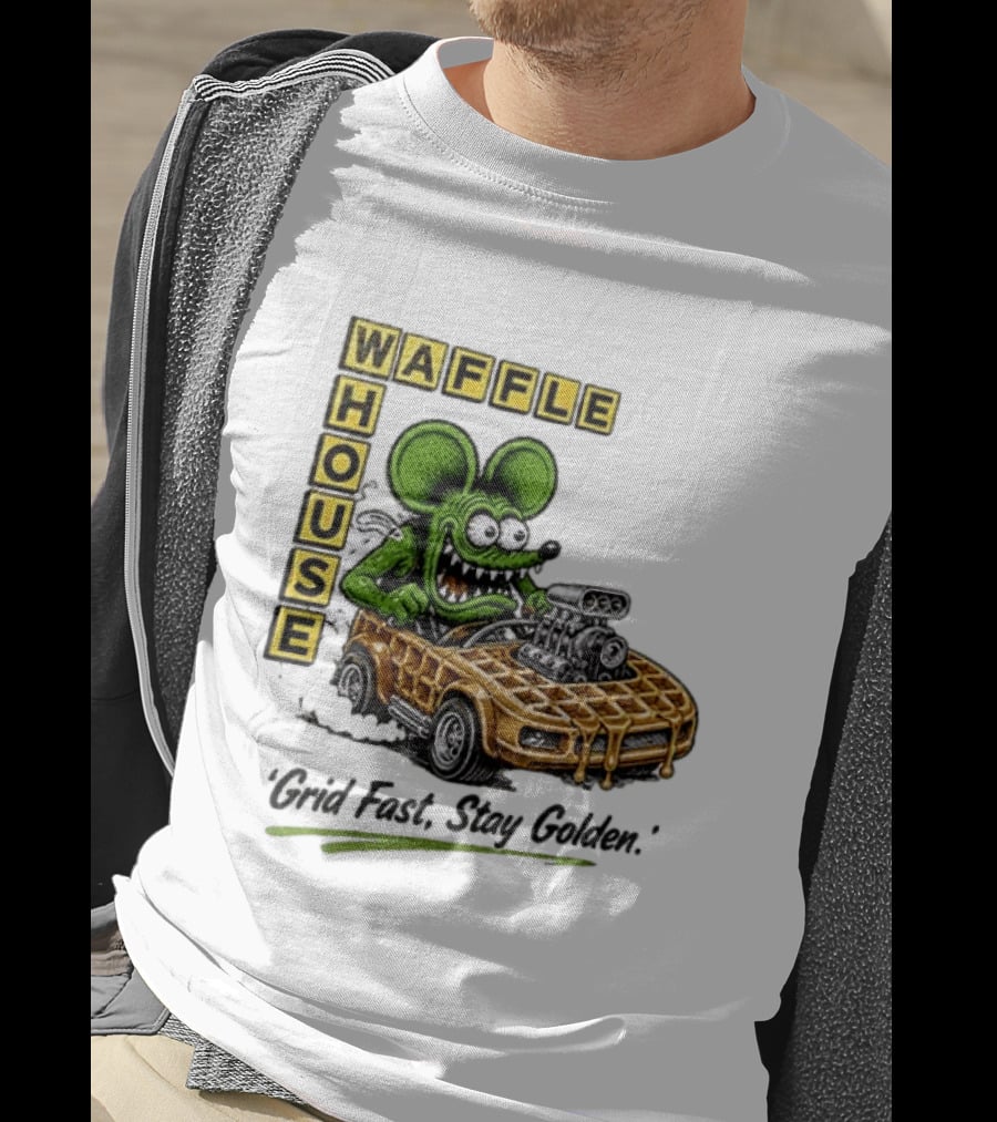 Rat Fink Waffle House Grid Fast Stay Golden Car Racer T-Shirt