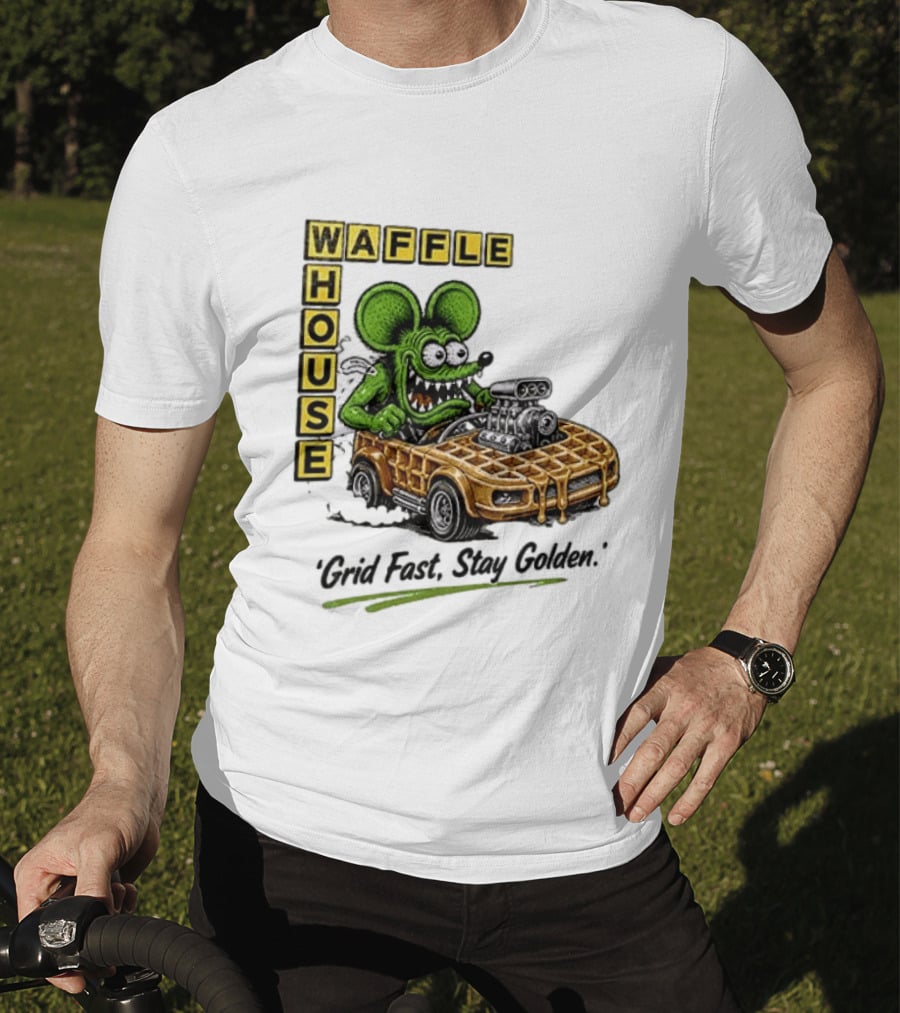 Rat Fink Waffle House Grid Fast Stay Golden Car Racer T-Shirt