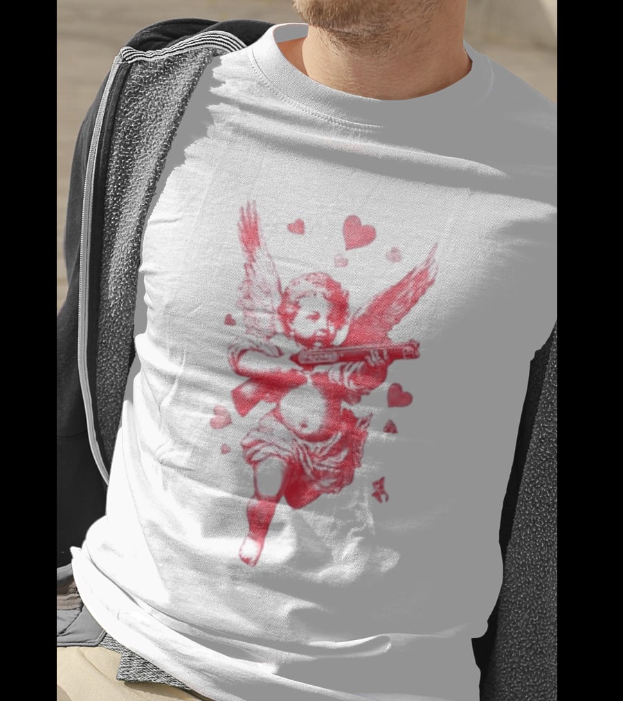 Red Pink Cherub Cupid Shotgun Hearts Clouds T-Shirt