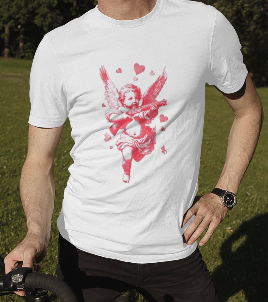 Red Pink Cherub Cupid Shotgun Hearts Clouds T-Shirt