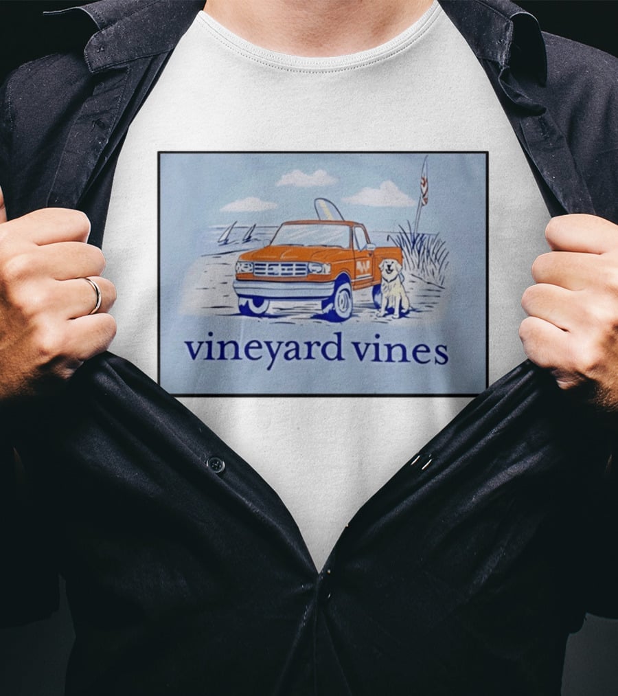Vineyard Vines Beach Dog And Surf Truck Scene With Golden Retriever T-Shirt