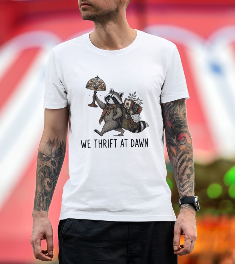 Raccoon With Backpack And Lamp We Thrift At Dawn T-Shirt