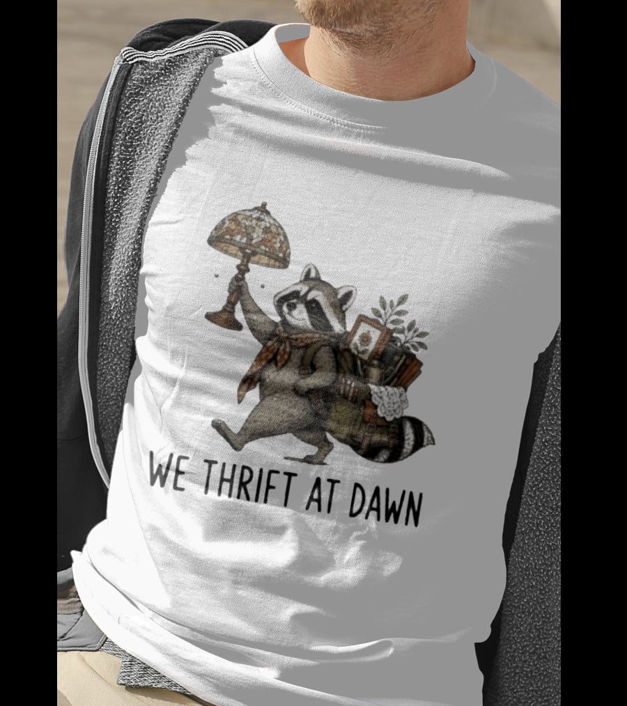 Raccoon With Backpack And Lamp We Thrift At Dawn T-Shirt
