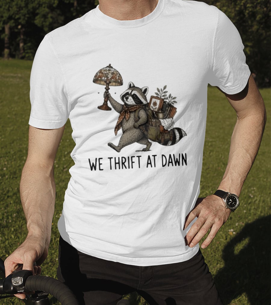 Raccoon With Backpack And Lamp We Thrift At Dawn T-Shirt