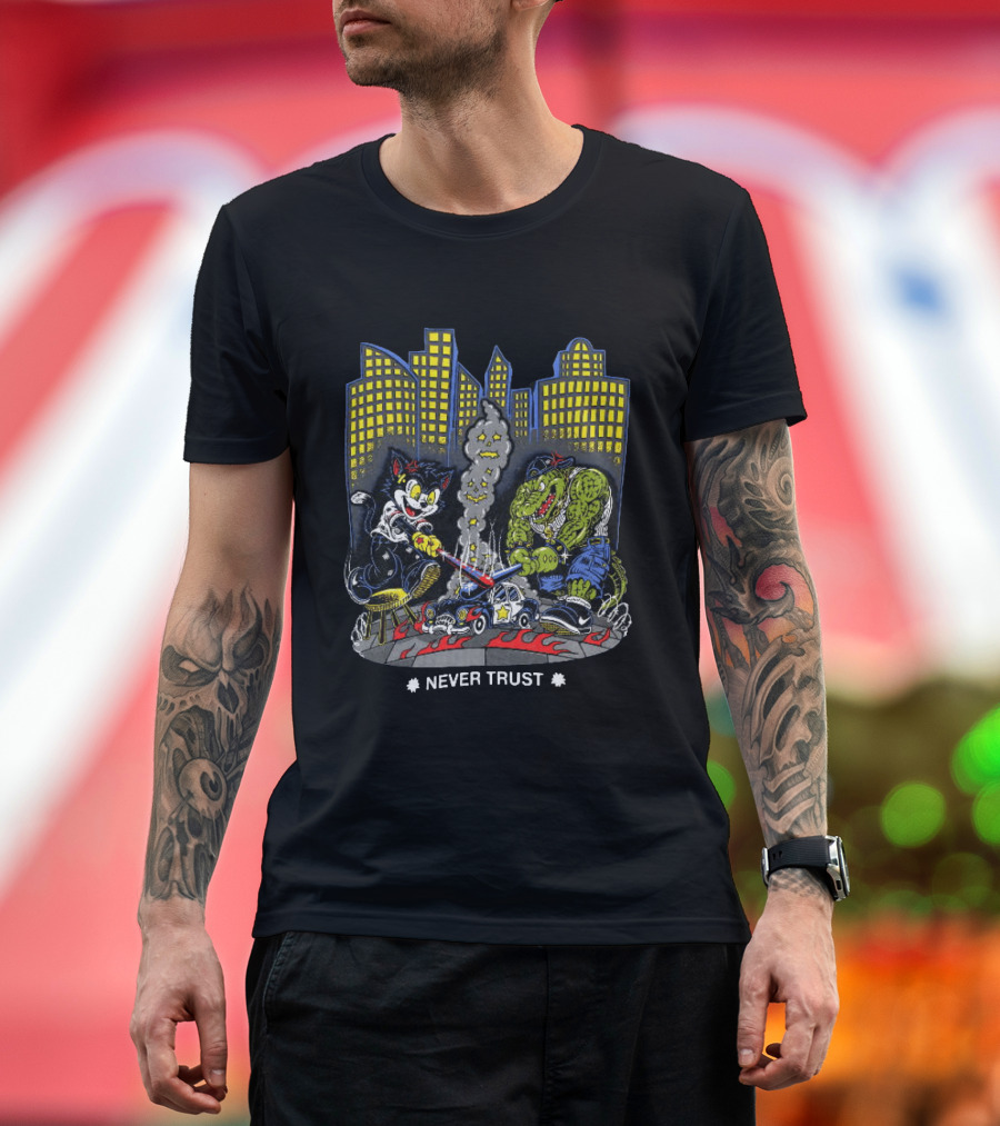 Cat And Crocodile In City Never Trust Police Car Cartoon Scene T-Shirt
