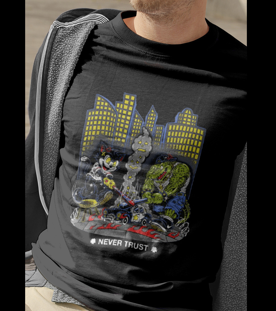 Cat And Crocodile In City Never Trust Police Car Cartoon Scene T-Shirt