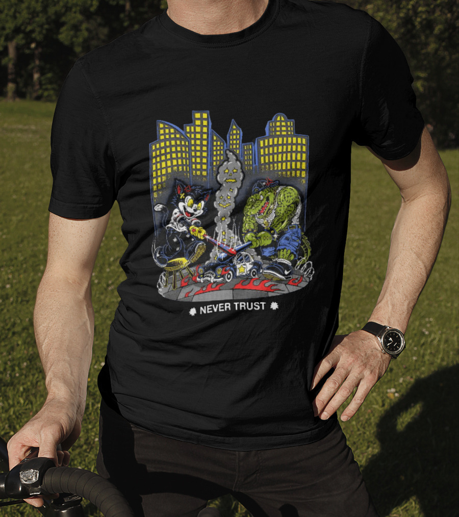Cat And Crocodile In City Never Trust Police Car Cartoon Scene T-Shirt