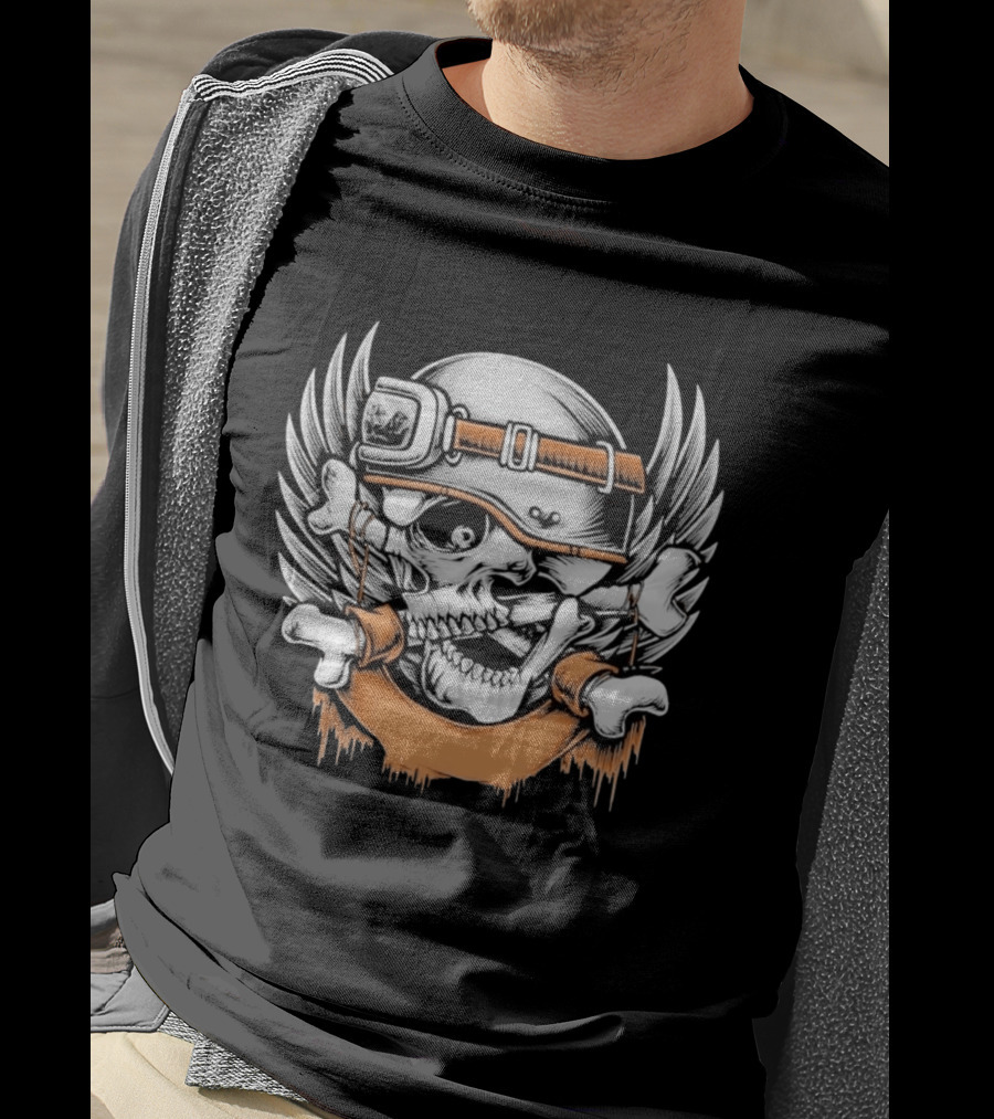 Skull With Helmet Winged Bones Biker Motif T-Shirt