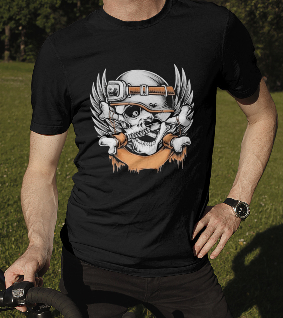 Skull With Helmet Winged Bones Biker Motif T-Shirt