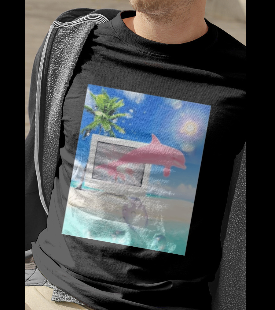 Frutiger Aero Y2k Vaporwave Palm Tree Pink Dolphin Cyberpunk Aesthetic T-Shirt