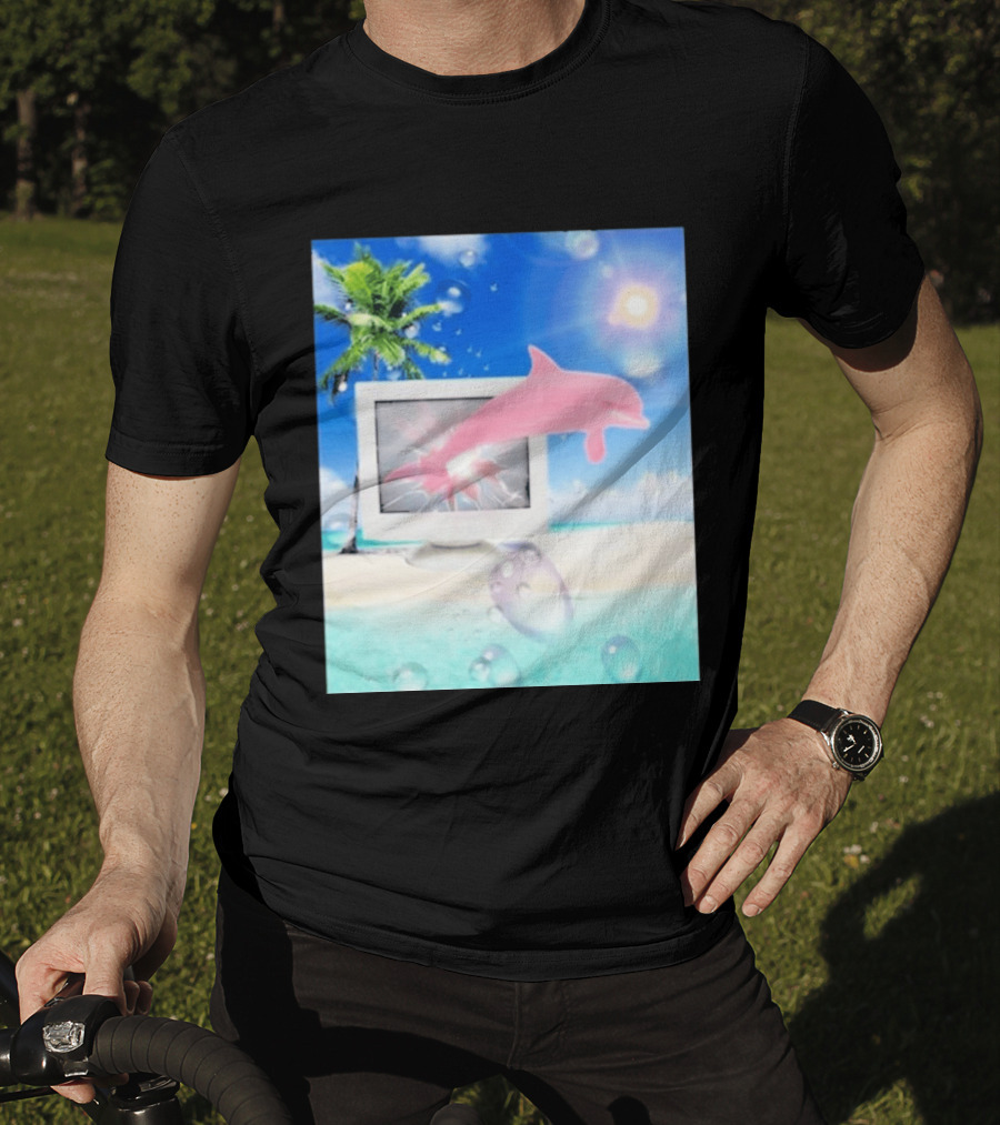 Frutiger Aero Y2k Vaporwave Palm Tree Pink Dolphin Cyberpunk Aesthetic T-Shirt