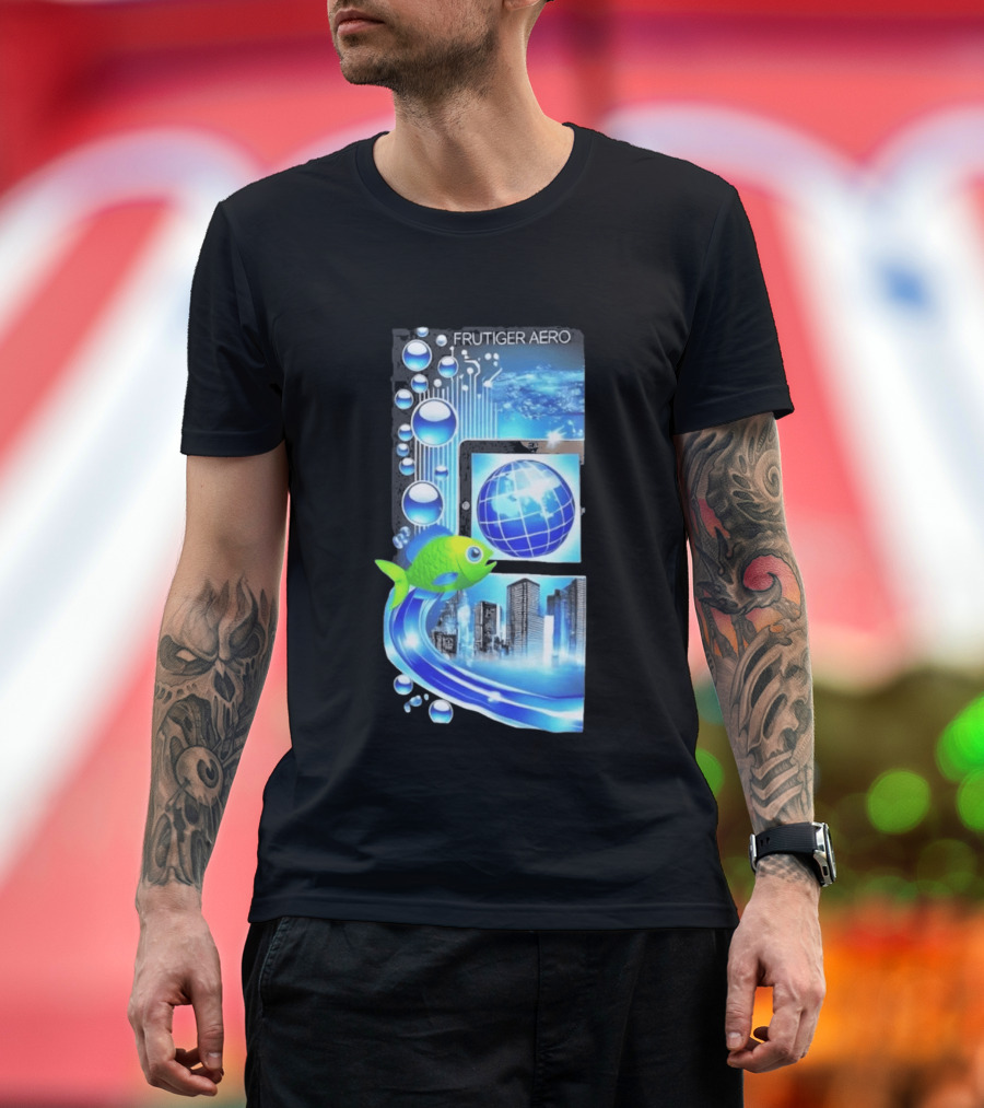 Frutiger Aero Y2K Global Tech Cityscape With Digital Fish And Blue T-Shirt