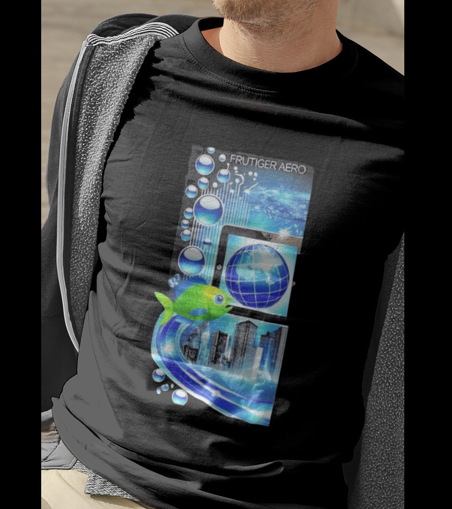 Frutiger Aero Y2K Global Tech Cityscape With Digital Fish And Blue T-Shirt