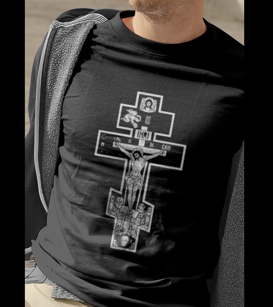 Jesus Christ INRI Crucifixion Symbol With Religious Icons And Figures T-Shirt