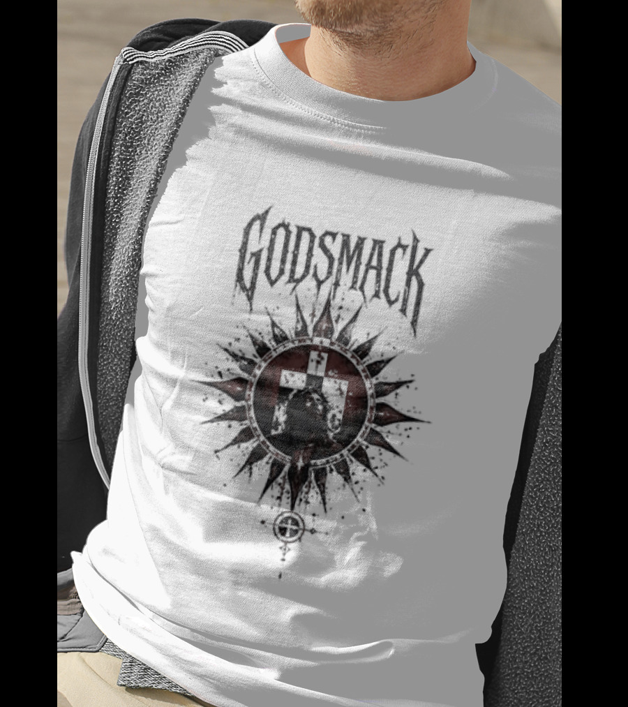Godsmack X Jesus I Stand Before God Not Perfect Just Forgiven Christian Rock Cross Sun T-Shirt