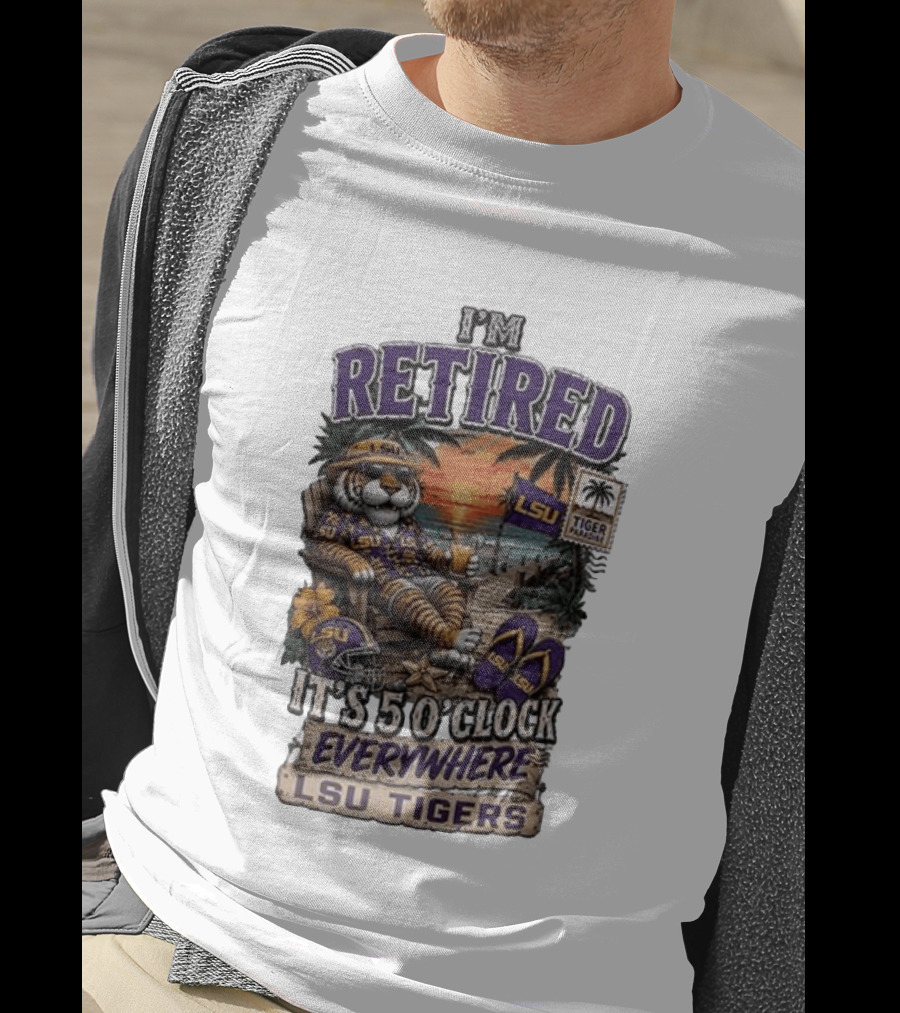 LSU Tigers I'm Retired It's 5 O' Everywhere Beach Relaxation With Palm Trees And Sunset T-Shirt
