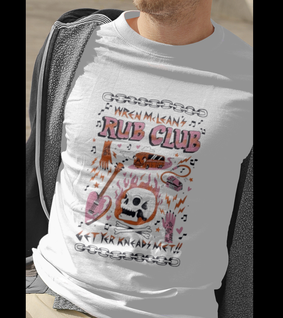 Wren Mcleans Rub Club Flaming Skull Heart Guitar Get Yr Kneads Met Tour Bus T-Shirt