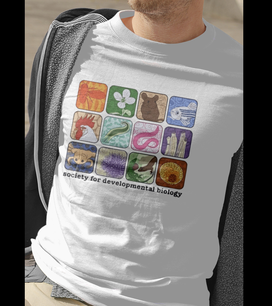 Society For Developmental Biology Model Organisms Collage Fly Plant Mouse Fish Chicken Worm Frog Plant Embryo Egg Cell T-Shirt