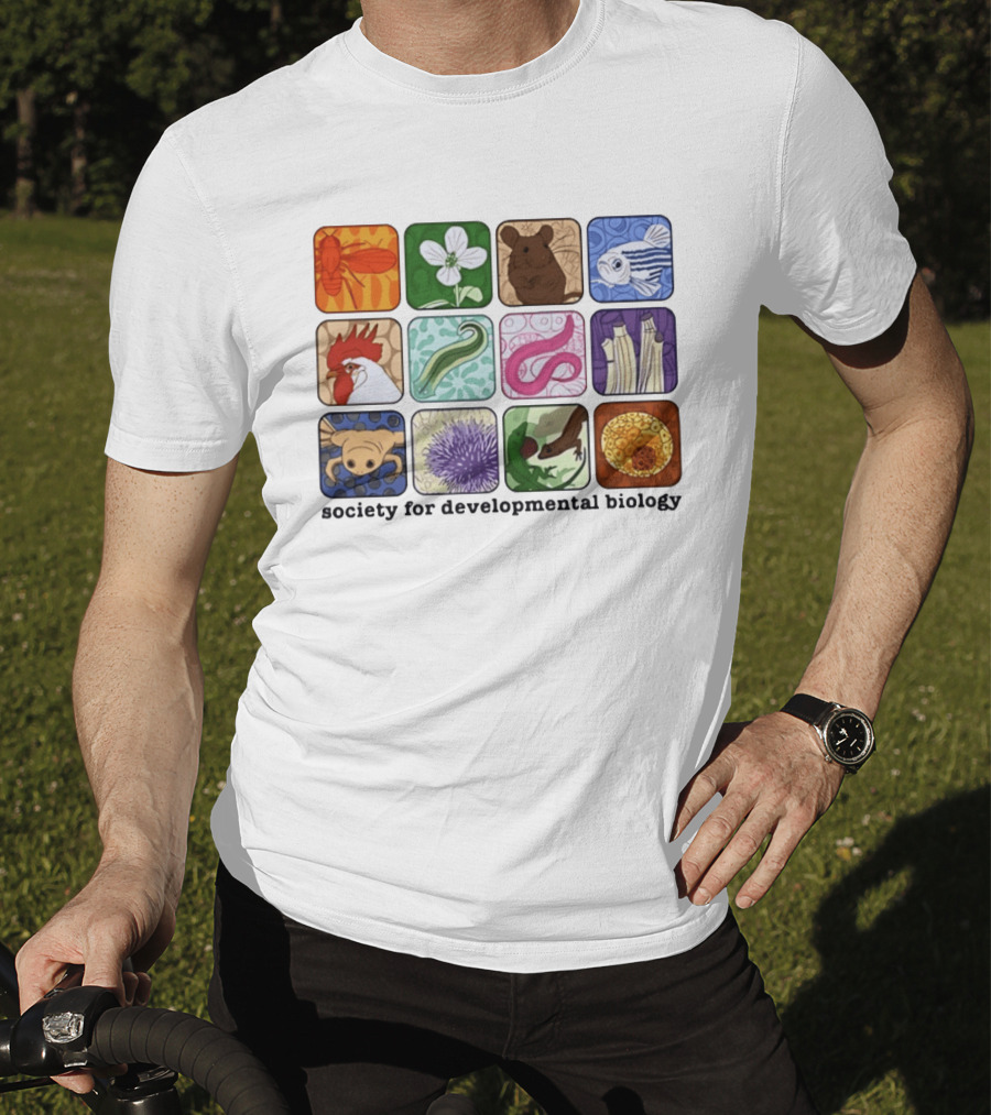 Society For Developmental Biology Model Organisms Collage Fly Plant Mouse Fish Chicken Worm Frog Plant Embryo Egg Cell T-Shirt