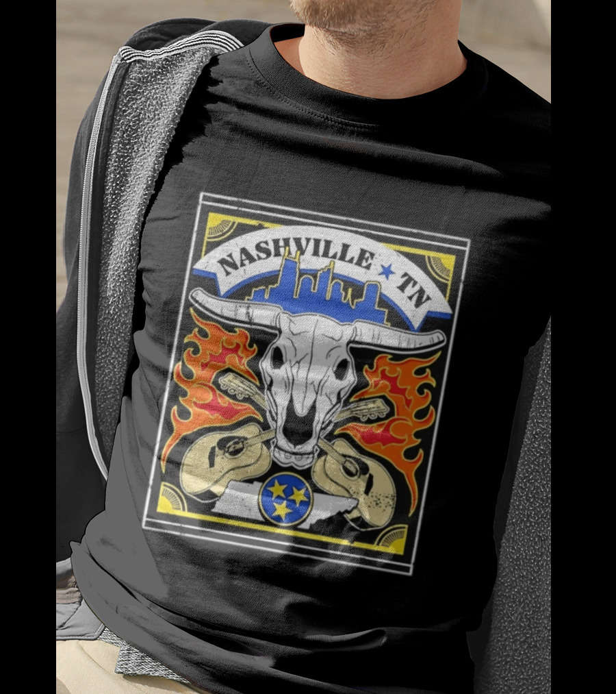 Nashville TN Cow Skull Guitars Flames Skyline Blue Star T-Shirt