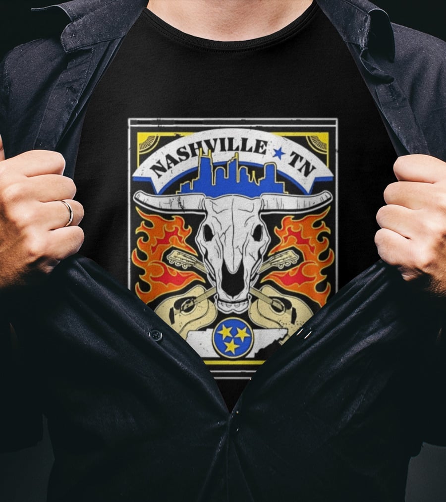 Nashville TN Cow Skull Guitars Flames Skyline Blue Star T-Shirt