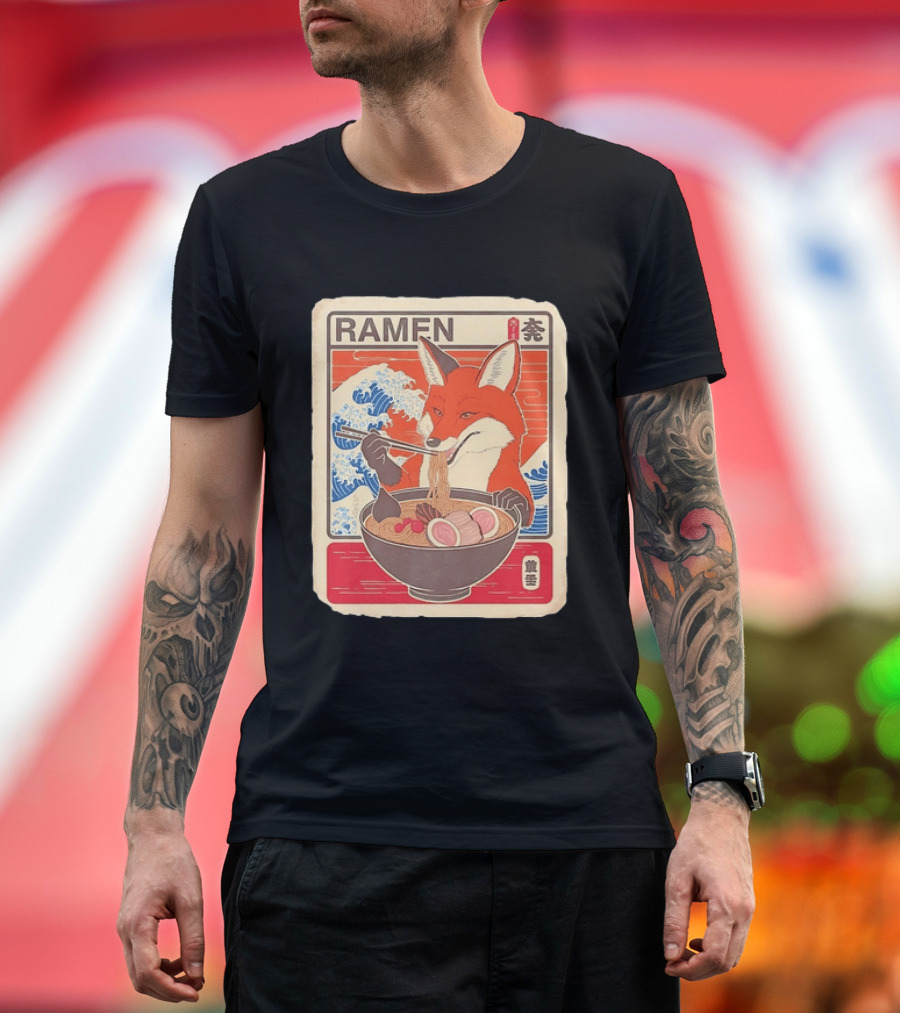 Fox Eating Ramen With Japanese Wave T-Shirt