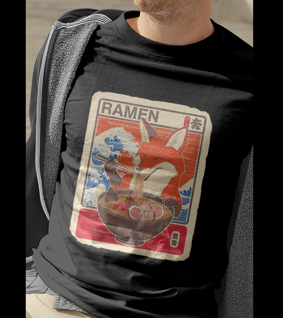 Fox Eating Ramen With Japanese Wave T-Shirt