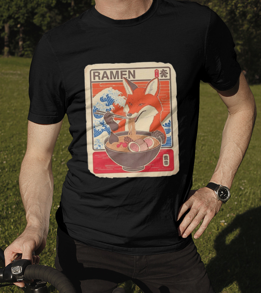 Fox Eating Ramen With Japanese Wave T-Shirt