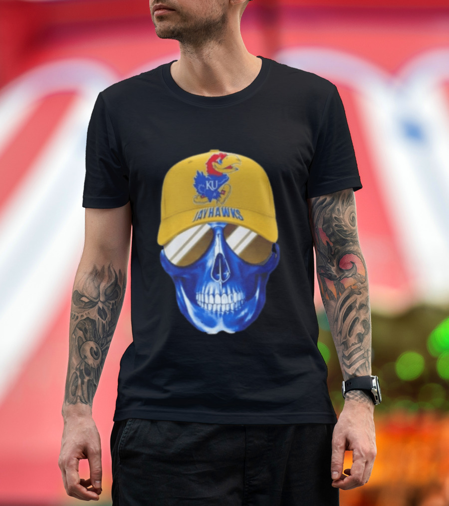 Kansas Jayhawks Skull Cap Fans Wear KU Jayhawks Edition T-Shirt