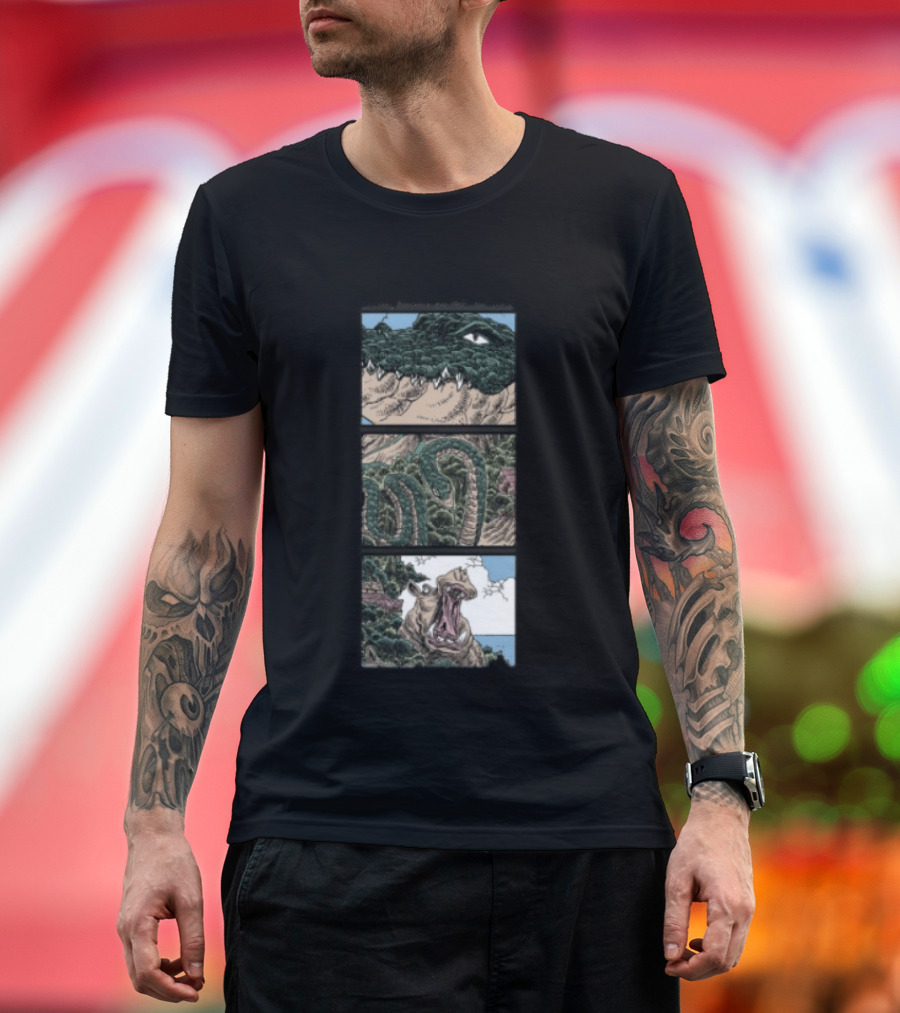 The Longest Johns Store Ends Of The Earth UK Tour Black Crocodile And Dinosaur Comic Strip T-Shirt
